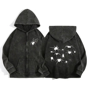 Y2K Acid Wash Zip Up Hoodie Harajuku Retro Gothic Graphic Spider Print Jacket Sweatshirt High Quality Cotton Men Women Clothing