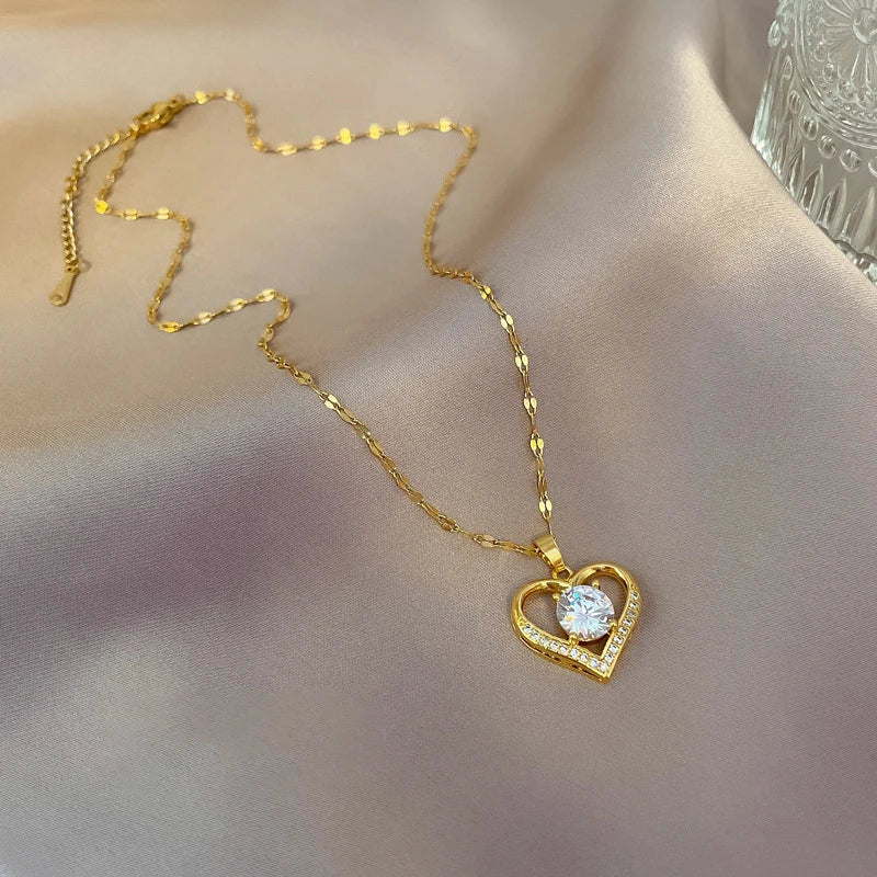 Luxury Shiny Zircon Crystal Heart Pendant Stainless Steel Necklace For Women Korean Fashion Female Wedding Jewelry Neck Chain
