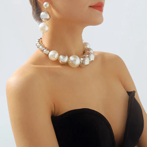 Korean Fashion Colored Pearl Ball Necklace for Women Exaggerated Tassel Hoop Earrings Hip Hop Street Clavicle Chain Jewelry Sets