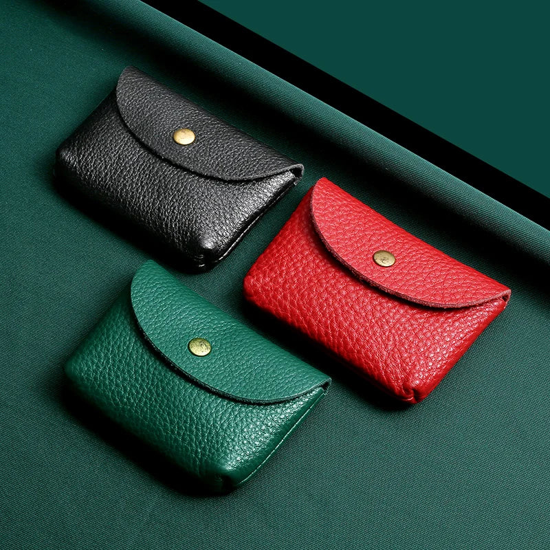 Leather Mini Envelope Change Pocket Simple Buckle Cowhide Large Capacity Card Bag Women's Coin Wallet Bank Card Earphone Bag