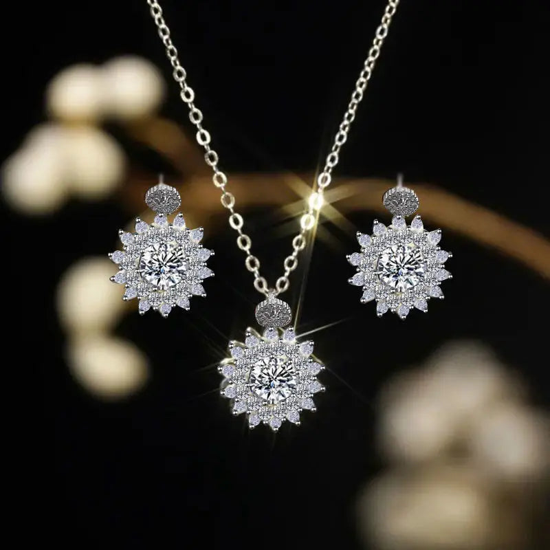 Explosive Sunflower Earring Pendant Necklace Set Women's Exquisite Fashion New Shiny Hearts Arrows Earrings Jewlery Gift