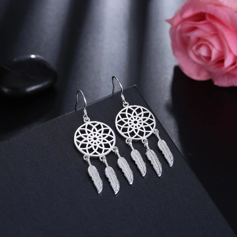 Fine cute 925 Sterling Silver fine Dream catcher feathers earrings for woman fashion designer party wedding Jewelry gifts