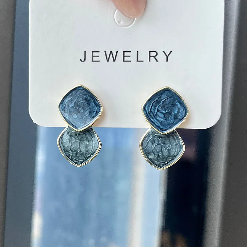 Bohemian Square Blue Zircon Stud Earrings For Women Fashion Enamel Geometric Pendant Earrings Charms Vintage Daily Jewelry Gift