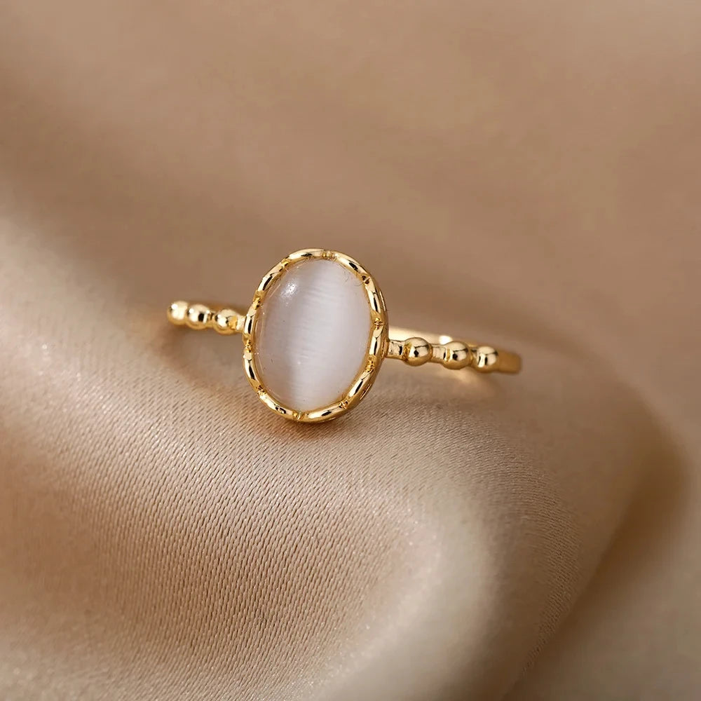 Fashion White Opal Rings For Women Gold Color Stainless Steel Opal Ring Wedding Engagement Jewelry Birthday Gift 2024