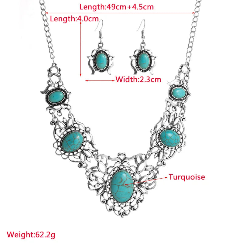 Bohemian Fashion Trends Necklace For Women Exaggeration Alloy Advanced Sense Temperament Vintage Turquoise Pattern Jewelry Set