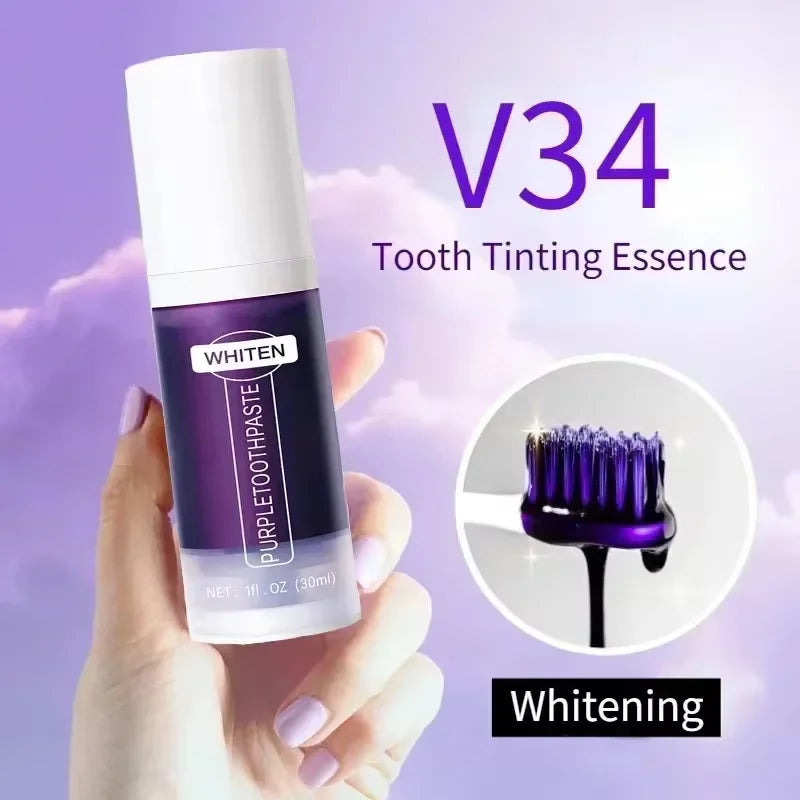 V34 Purple Teeth Whitening Toothpaste Remove Plaque Stains Cleaning Oral Hygiene Dental Bleach Tools Fresh Breath Beauty Health