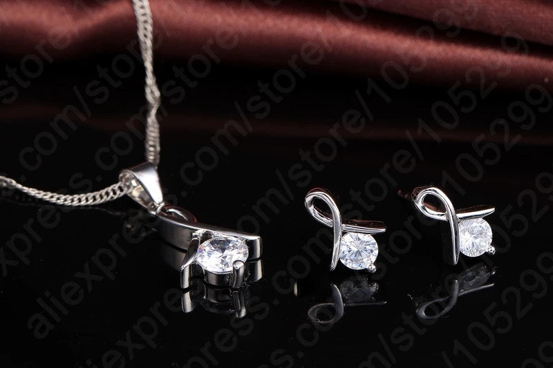 New Fashion Set For Women Cross CZ 925 Sterling Silver Pendant Necklace & Stud Earrings With High Quality