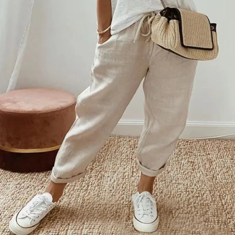 Women Cotton Linen Pants Summer New Loose Trousers Female Vintage Ankle-Length Wide Leg Trousers Fashion Office Ladies Bottom