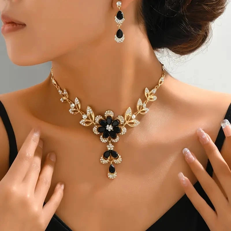 3 Pcs Fashion Jewelry Set Luxurious Rhinestone Crystal Flower Earrings Elegant Women's Banquet Wedding Accessories Necklace Set