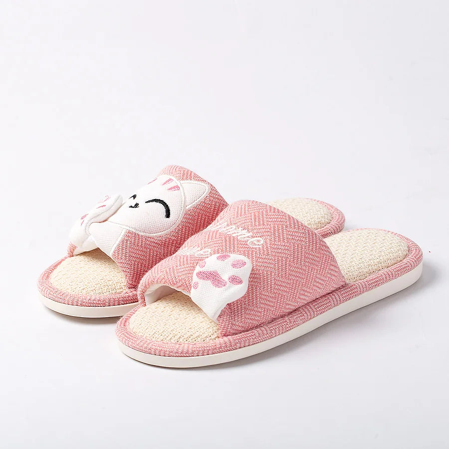 Cute Cat Platform Slippers Women Four Seasons New Linen Women's Thick Sandals Home Cartoon Slides Soft Non-slip Shoes 2024 New