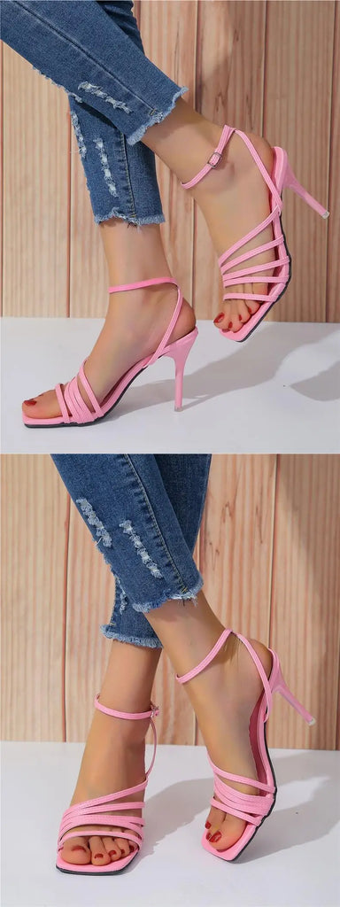 Women's Shoes Roman Style Square Toe Thin High Heel Sandals Pink Hollow Buckle Strap Sandales Femmes Casual Summer Footwear 2024