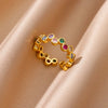 Rainbow Colored Zircon Round Stainless Steel Rings for Women Gold Color Open Ring Wedding Charm Jewelry Accessories Gift