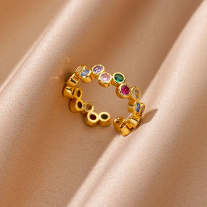 Rainbow Colored Zircon Round Stainless Steel Rings for Women Gold Color Open Ring Wedding Charm Jewelry Accessories Gift