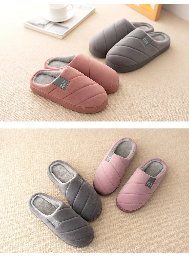 Large Size Men'S Cotton Shones Winter Casual Warm Plush Women Men Special Indoor Slippers Couples Non-Slip Stripe Slide Slipper