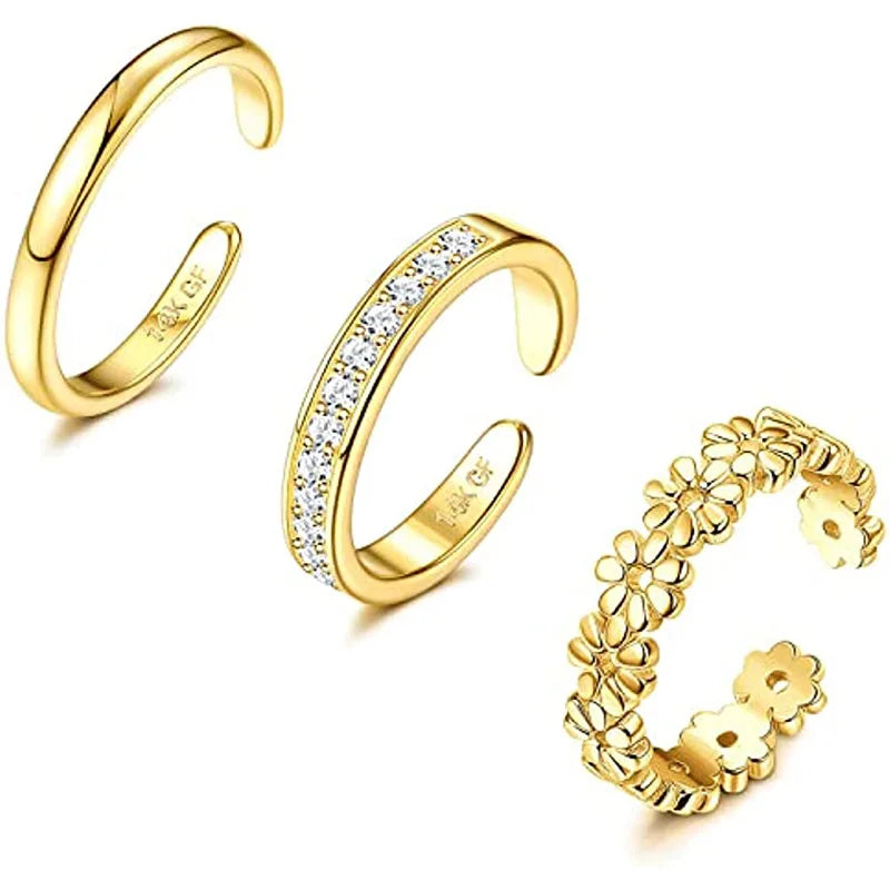 3PCS Filled Toe Rings Set for Women 14K Gold Plating Adjustable Simple CZ Flower Ring Summer Beach Jewelry