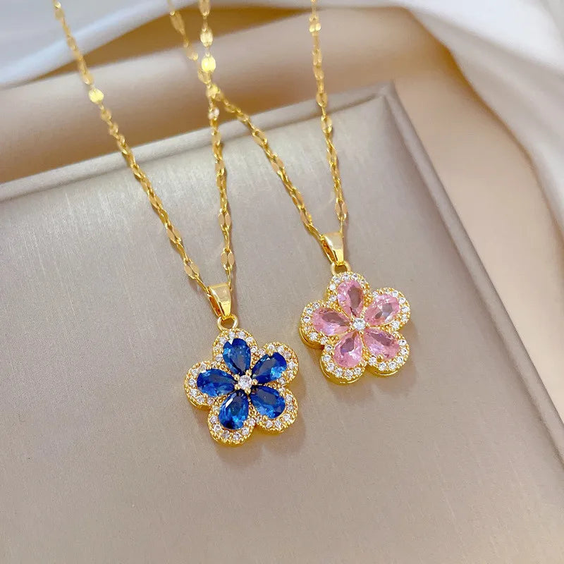 High Grade Camellia Zircon Jewelry Sets Stainless Steel Trendy Flower Pendant Necklace Earrings Party Gifts For Women Girls