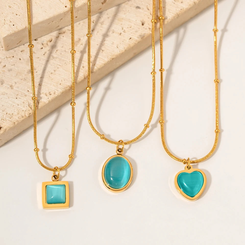 Uworld 18k gold plating handmade chain stainless steel blue cat eye natural stone oval square pendant necklace set for women