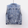 2024 Denim Women Vest Pearl Fashion Ripped Autumn Jeans Jacket Sleeveless Loose Short Coat Streetwear Beaded Flower Denim Vest