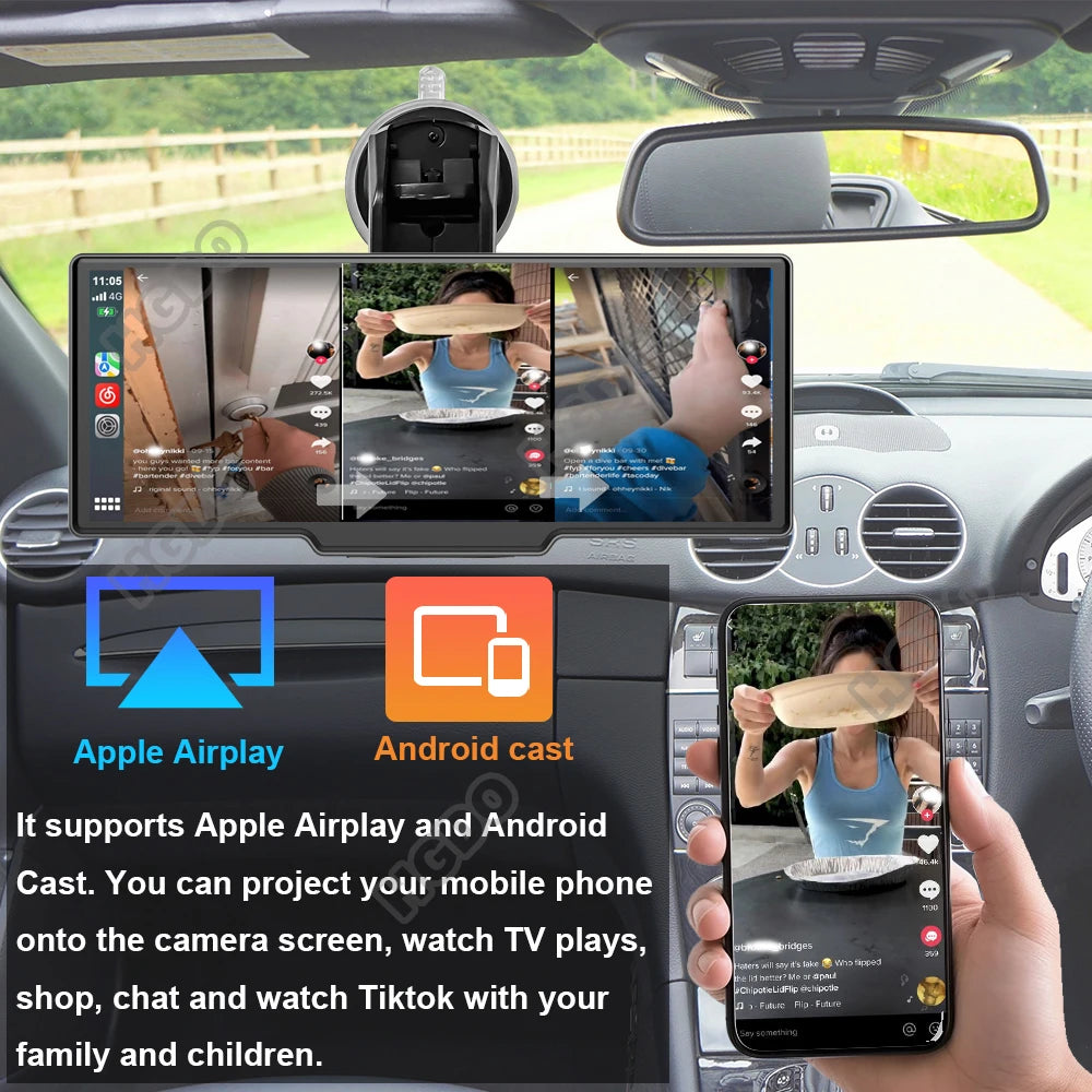 HGDO 4K Dash Cam Car Stereo 3 in 1 Carplay Android Auto Airplay Mirror Mount Video Recorder Camera WiFi GPS DVR Bluetooth Output