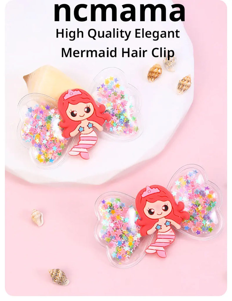 ncmama 2Pcs Lovely Mermaid Hair Clips For Baby Girls Quicksand Sequins Star Bows Hairpin Kids Headwear Boutique Hair Accessories