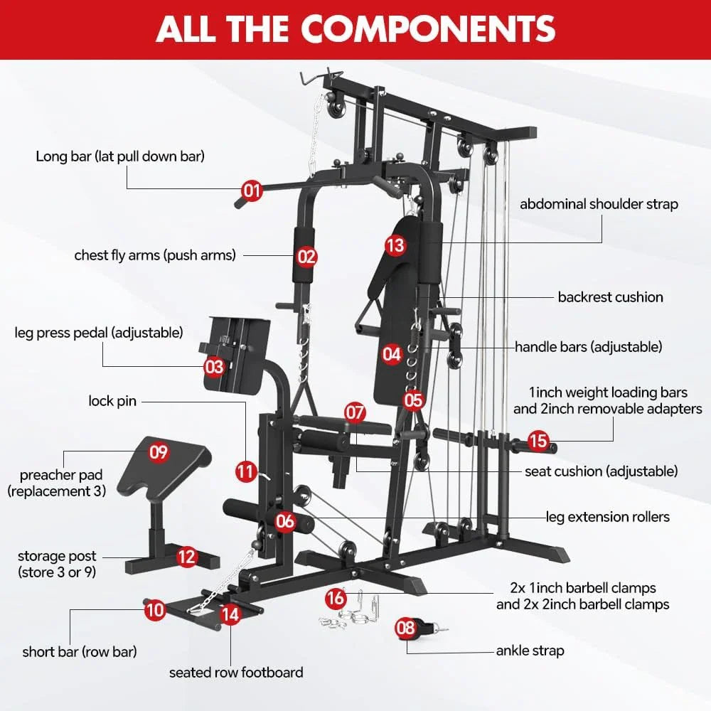 Home Gym Workout Station, Multifunctional Home Gym System with Leg Extension, Leg Press, Full Body Exercise Accessories