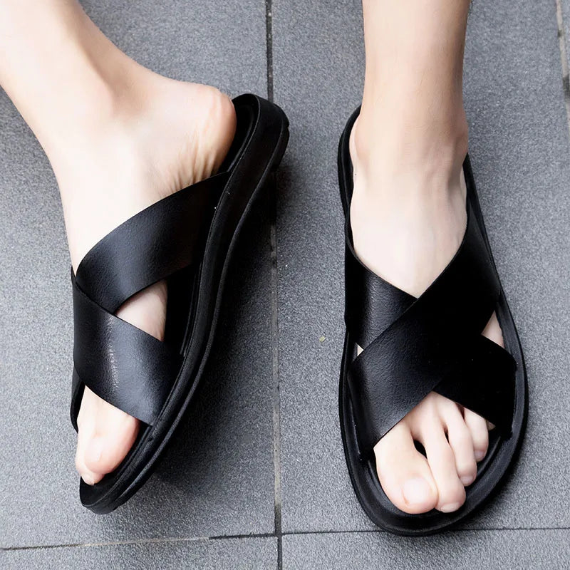 2023 Fashion Men Real Leather Slippers Summer New Black White/red/yellow Cross Over Slippers Men's Leisure Comfort Flat Sandals