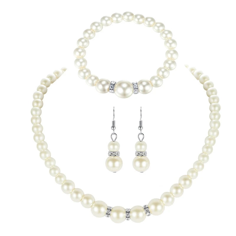 Womens Bride Wedding Jewelry Set Rhinestone Faux Pearl Necklace Bracelet Earring