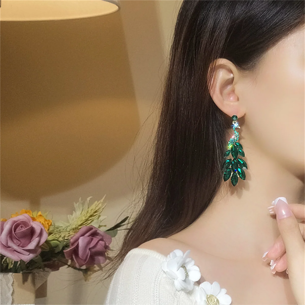 FYUAN Vintage Green Peacock Crystal Earrings for Women Long Tassel Earring Weddings Jewelry