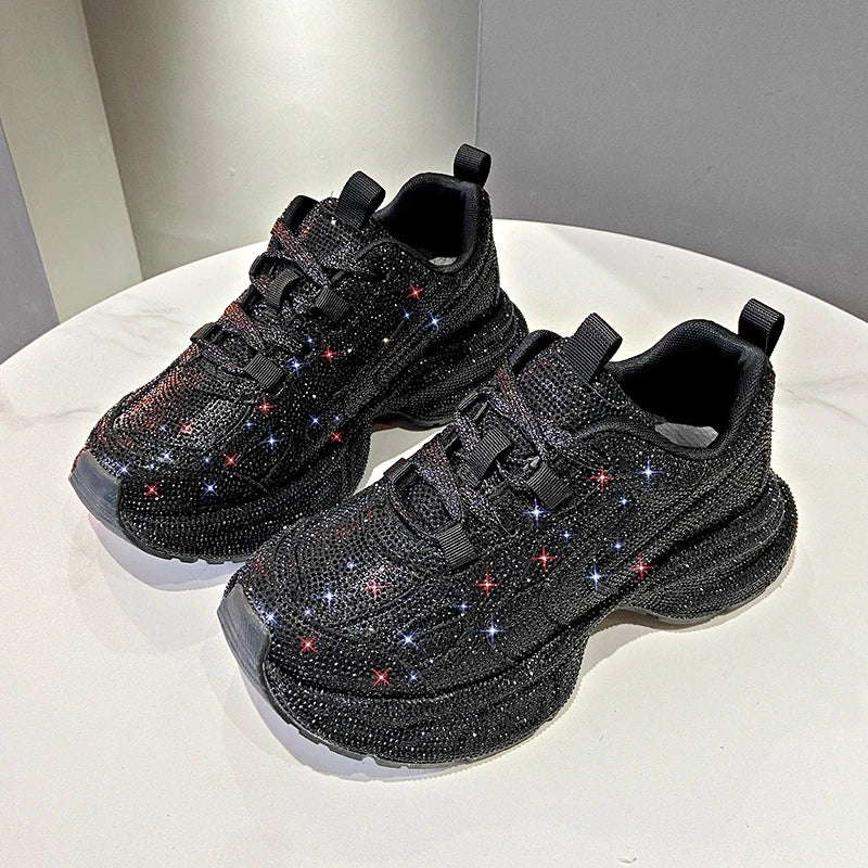 Youth Girls Chunky Crystal Sneakers Women Fashion Casual Breathable Height Increased Flat Platform Bling Bling Shoes Footwear