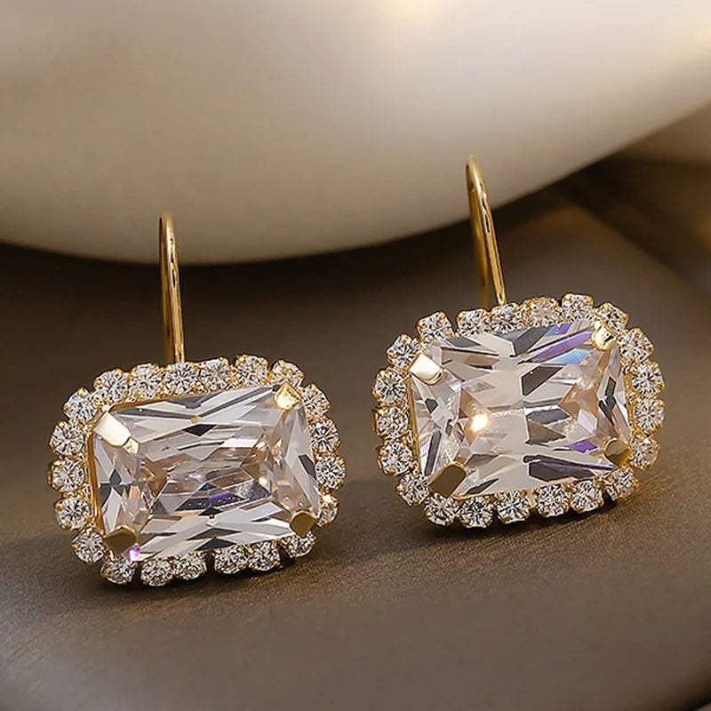 Simple Square Crystal Cubic Zirconia Drop Earrings Wedding Accessories for Women Silver Color/Gold Color Fashion Jewelry e7539