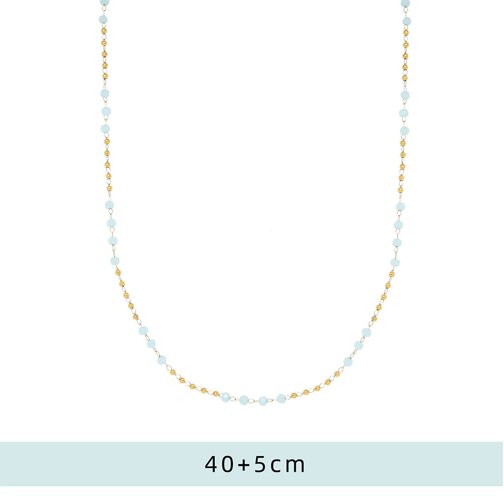 Light Blue Glass Handmade Bead Chain Necklace Women Stainless Steel Plated 18k Gold Creative Charm European Party Jewelry