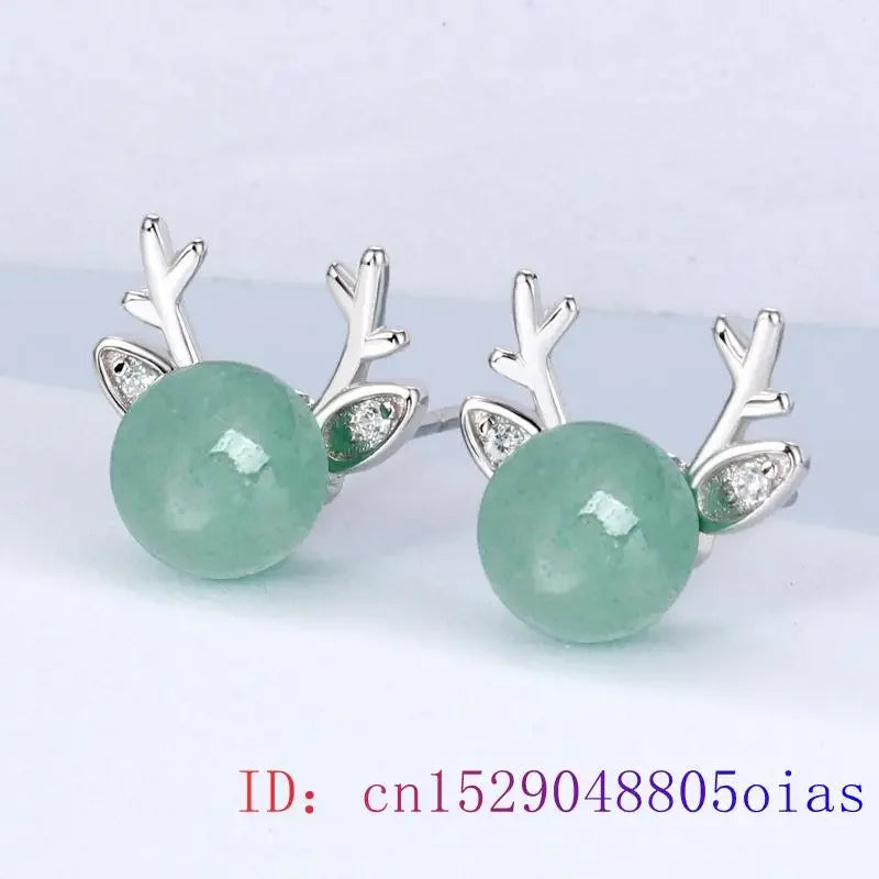 Nephrite Jade Deer Earrings Carved Charm Designer Amulet Ear Studs Energy Gift Natural 925 Silver Amulets Gemstones Green