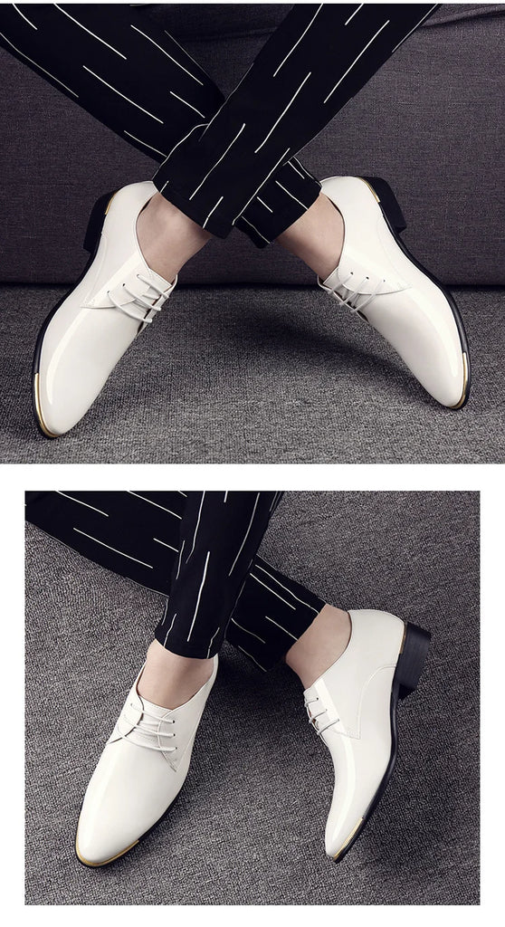 New Black Leather Low Top Soft Men Dress Shoes Solid Color Men Premium Patent Leather Shoes White Wedding Shoes Size 38-48