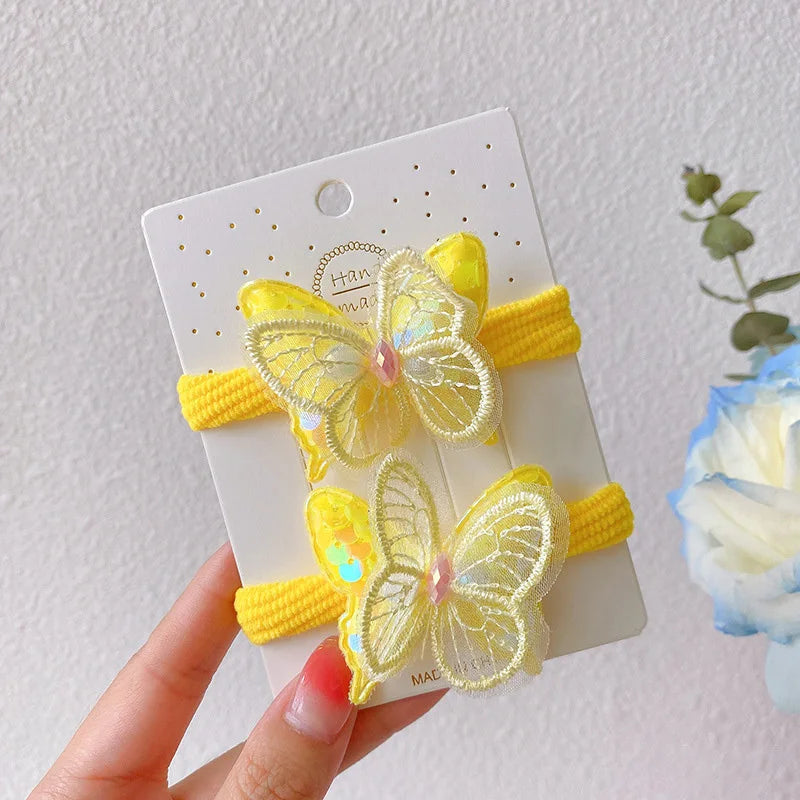 2PCS New Sequin Butterfly Girls Tie Up A Ponytail Kids Elastic Hair Bands Hair Accessories Cute Children Hair Ties Baby Headwear