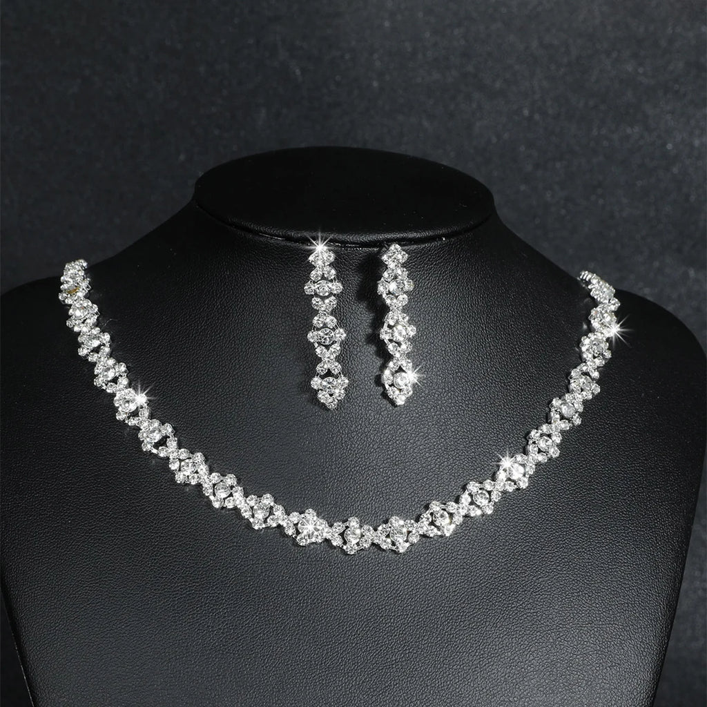 Bride Crystal Necklace Earrings Set Bridal Wedding Jewelry Sets Rhinestone Choker Necklace Prom Costume Jewelry Set for Women