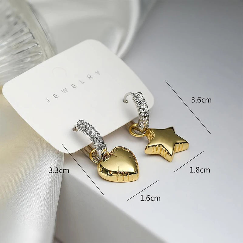 Full Shiny CZ Stone Tiny Hoop Drop Earrings Fashion Star Heart Shape Trendy Gold-color Drop Metal Earrings Evening Jewelry