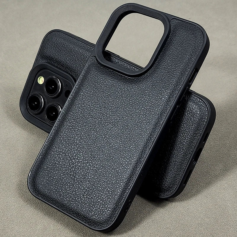 Luxury Black Faux Artificial leather Lychee pattern case For iPhone 12 13 14 15 pro max Hard back Silicone frame Cover