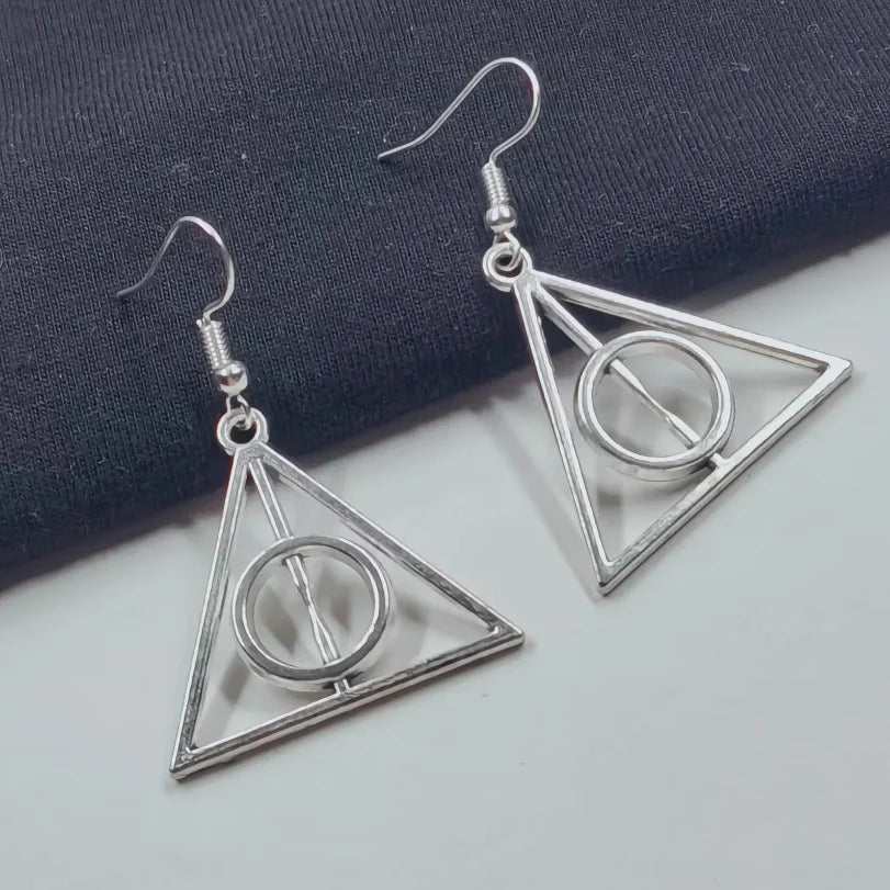 Vintage Triangle Movie Pendant The Deathly Hallows Earring Necklace Set For Women Y2k Aesthetic Fashion Jewelry Metal Punk Goth