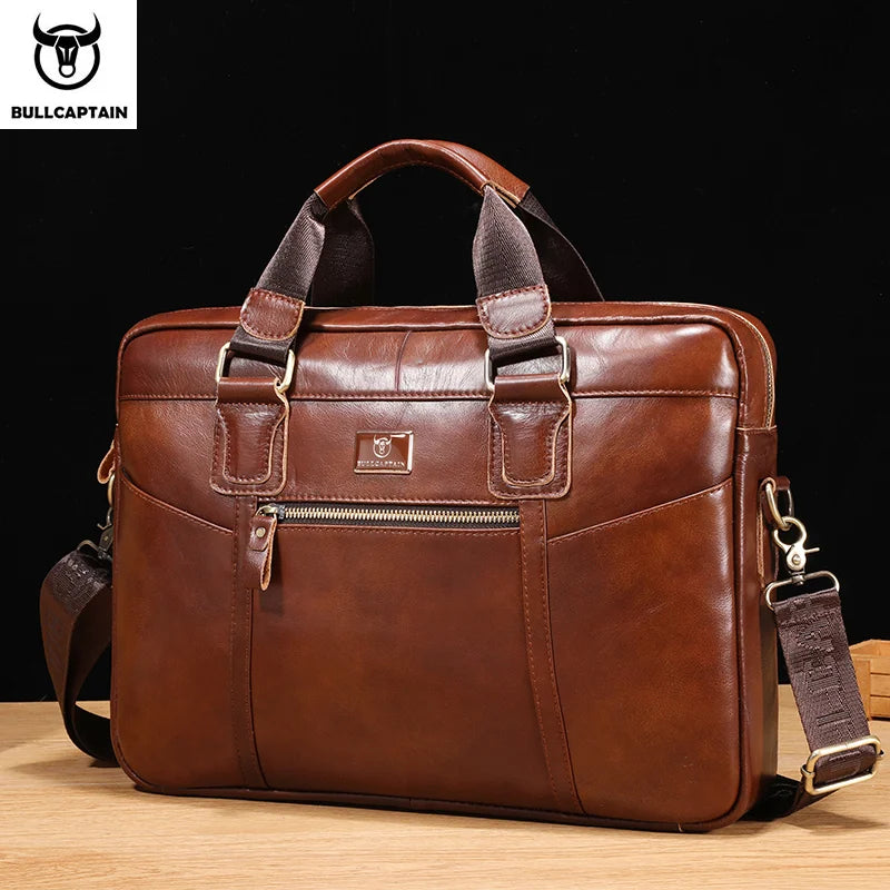 BULLCAPTAIN Men's Leather Briefcase Can Be Used For 15.5-Inch Notebook Large-Capacity Work Bags Business Shoulder Messenger Bag