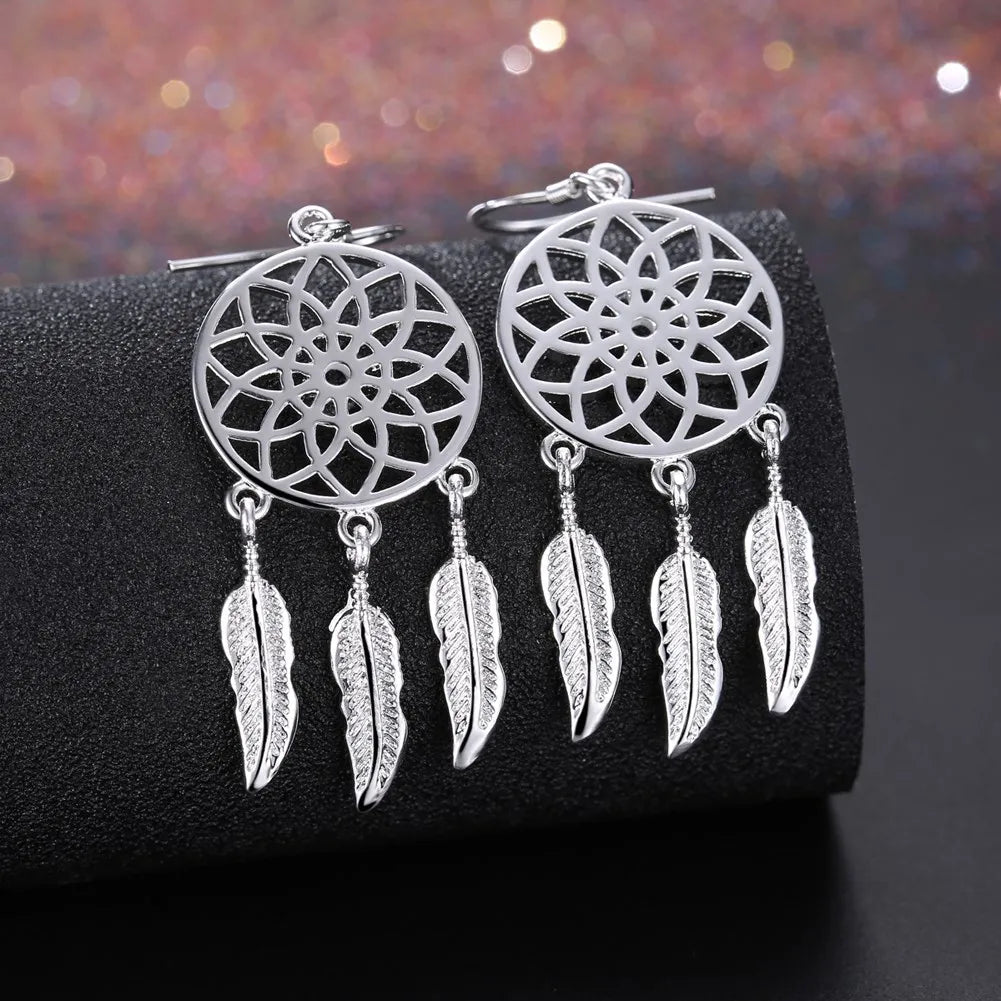Fine cute 925 Sterling Silver fine Dream catcher feathers earrings for woman fashion designer party wedding Jewelry gifts
