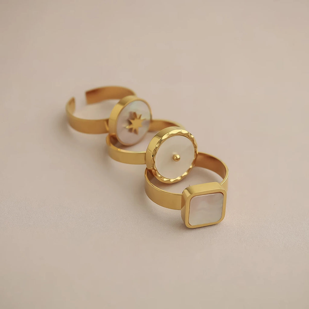 WILD & FREE 18K Gold Plated Stainless Steel Rings for Women Natural White Shell Chic Exquisite Trendy Jewelry Waterproof