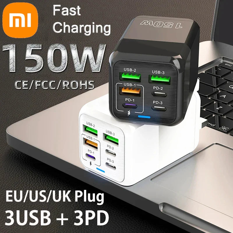 Xiaomi 150W 6 Ports PD QC 3.0 USB C Quick Charger Wall Adapter Super Fast Charging For iPhone Samsung iPad Huawei Oneplus OPPO