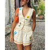 Women's Spring and Summer Casual Shorts Vest Set, V-neck Sleeveless Cute Printed Vest Set Loose Casual Vacation Vest Set