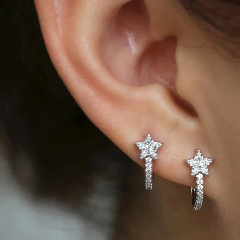 Huitan Fancy Star Hoop Earrings for Women Paved Dazzling Cubic Zirconia Fashionable Female Earrings Daily Wear Statement Jewelry