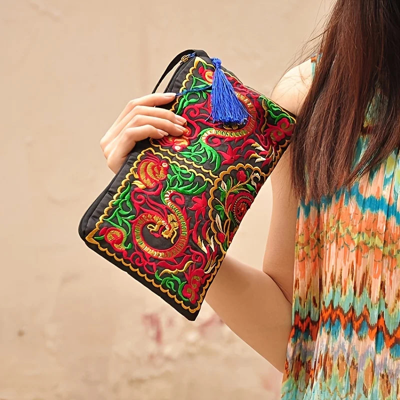 Vintage Ethnic Style Embroidered Long Wallet Wristlet Clutch Bag with Flower Fabric and Phone Pocket