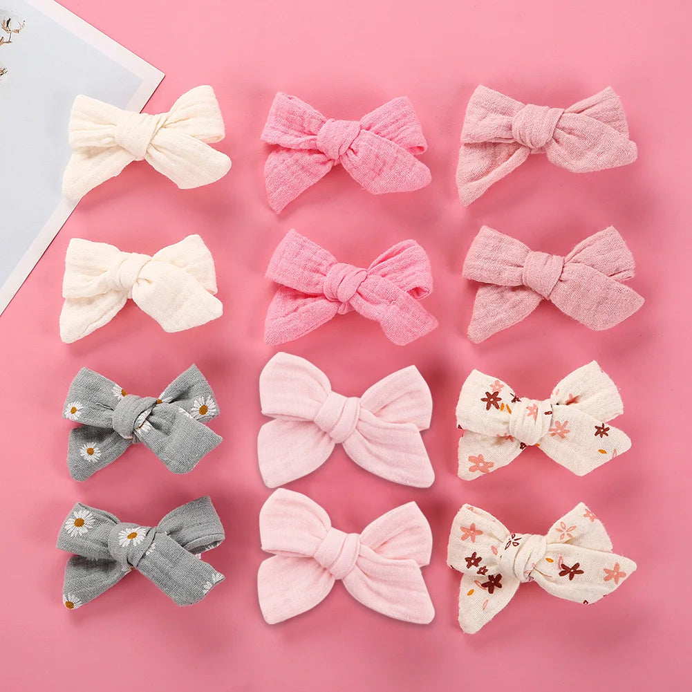 4Pcs/Set Baby Bows Hair Clips Muslin Girls Hairpins Hairclip For Kids Cotton Linen Barrette Flower Print Side Pin  Accessories