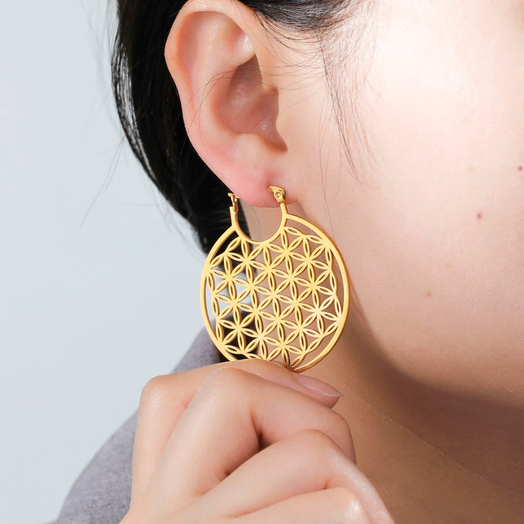 Unift Mandala Flower of Life Women Hoop Earrings Stainless Steel Big Earrings Vintage Piercing Jewelry Sacred Amulet Party Gift