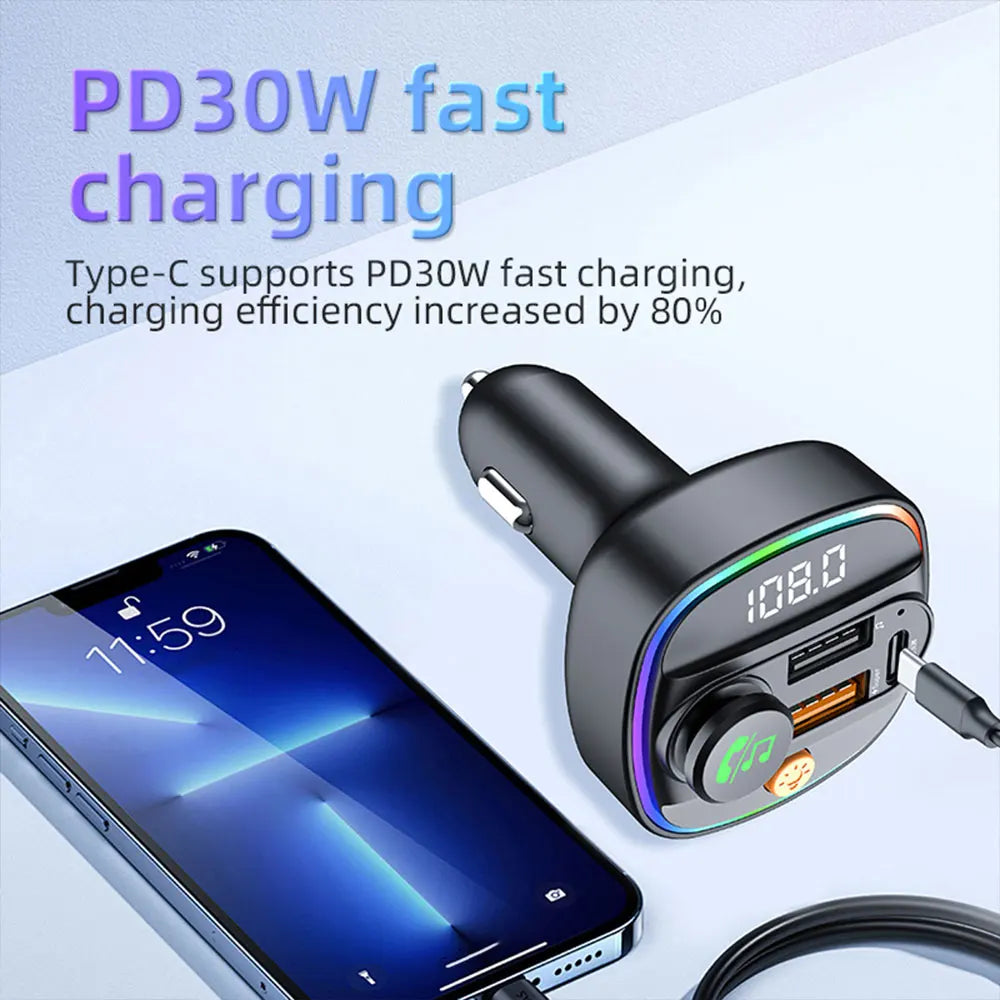 Bluetooth 5.3 FM Transmitter Handsfree Car AUX Radio Modulator MP3 Player with 22.5W & PD30W Fast Charge Adapter Car Accessories