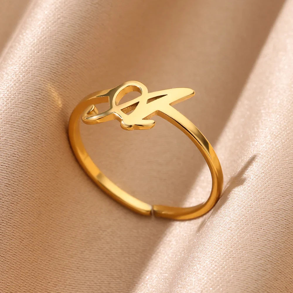 Initial letter rings for women gold color stainless steel  a z letter adjustable ring aesthetic wedding fashion jewelry gift bff