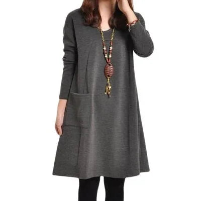 2022 Autumn New Loose-fit Slimming Medium-length Dress Women's Elegant Commute Style Long Sleeve Base Dress Mom